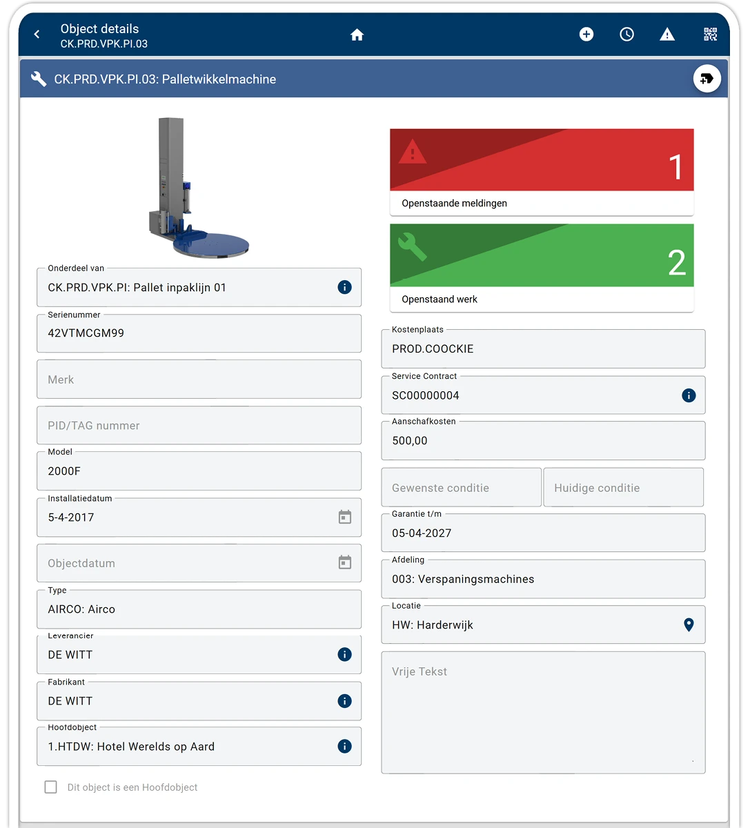 Asset overzicht McMain mobiele app
